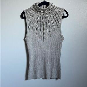 Caché Vintage Y2K metallic silk shiny beaded pearl turtleneck tank top